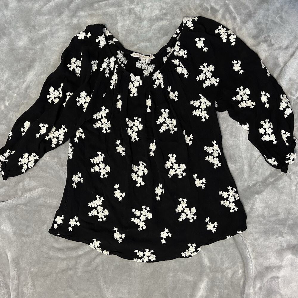 Soft Surroundings Floral Embroidered Top Women Medium Black Tunic 3/4 Sleeve